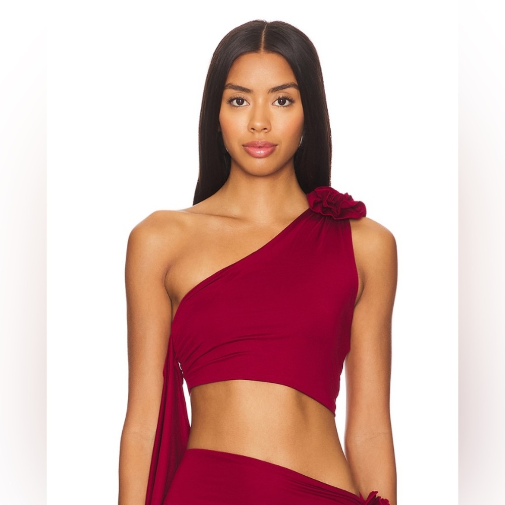 Lovers + Friends One-Shoulder Crop Top in Deep Wine Red